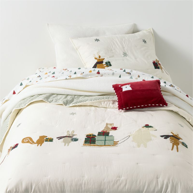 Holiday Presents Embroidered Organic Cotton Voile Kids Christmas Twin Quilt - image 0 of 9