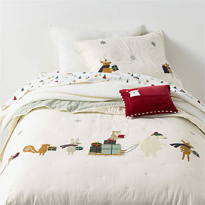 Holiday Presents Embroidered Organic Cotton Voile Kids Christmas Twin Quilt