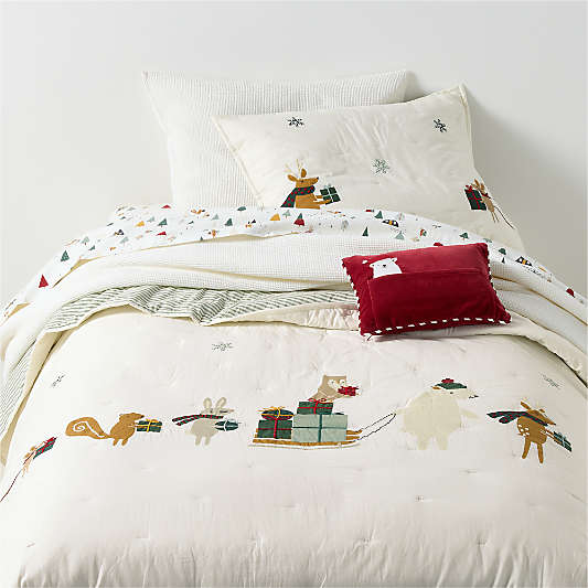 Holiday Presents Embroidered Organic Cotton Voile Kids Christmas Quilt