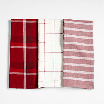 View Holiday Red Plaid and Stripe Organic Cotton Kitchen Towels, Set of 3 details