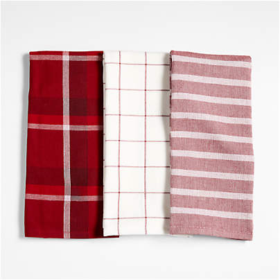 Holiday Red Plaid and Stripe Organic Cotton Kitchen Towels, Set of 3