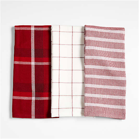 Holiday Red Plaid and Stripe Organic Cotton Kitchen Towels, Set of 3