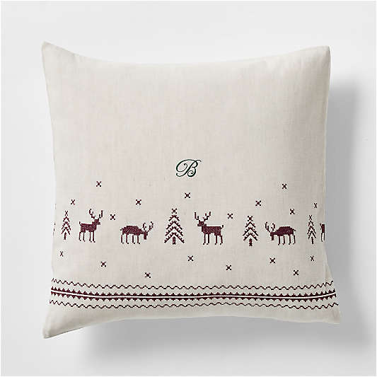 Holiday Reindeer Embroidered Cotton Linen Cross Stitch Natural Euro Bed Pillow Sham