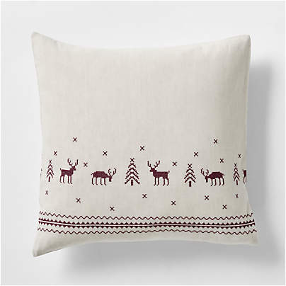 Holiday Reindeer Embroidered Cotton Linen Cross Stitch Natural Euro Bed Pillow Sham