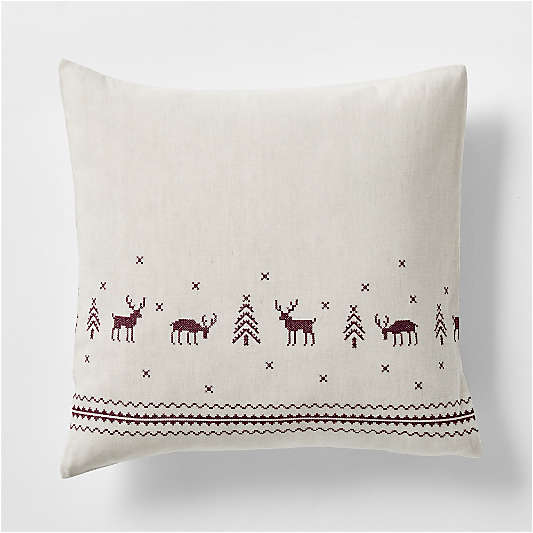 Holiday Reindeer Embroidered Cotton Linen Cross Stitch Natural Euro Bed Pillow Sham