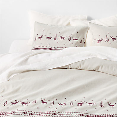 View Holiday Reindeer Embroidered Cotton Linen Cross Stitch Natural King Duvet details