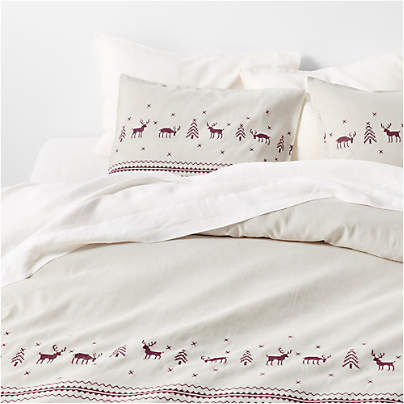Holiday Reindeer Embroidered Cotton Linen Cross Stitch Natural Full /Queen Duvet