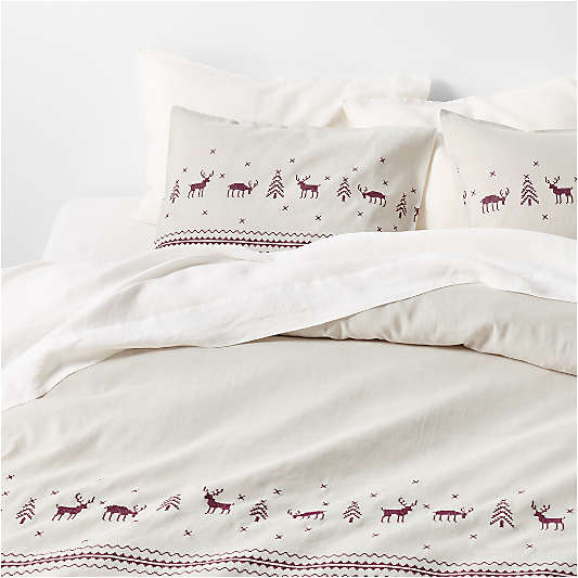 Holiday Reindeer Embroidered Cotton Linen Cross Stitch Natural King Duvet