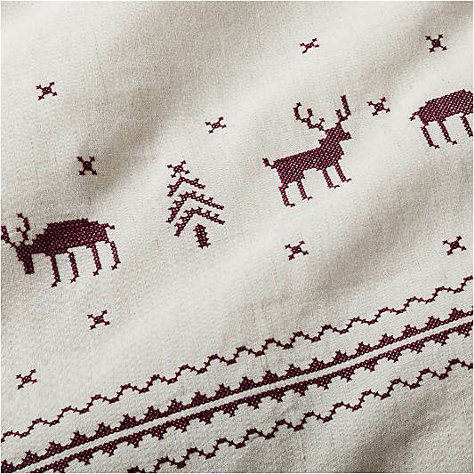 Holiday Reindeer Embroidered Cotton Linen Cross Stitch Natural King Duvet