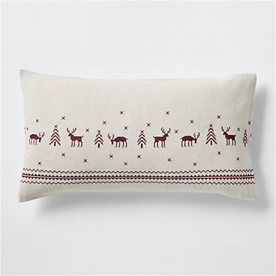 View Holiday Reindeer Embroidered Cotton Linen Cross Stitch Natural King Bed Pillow Sham details