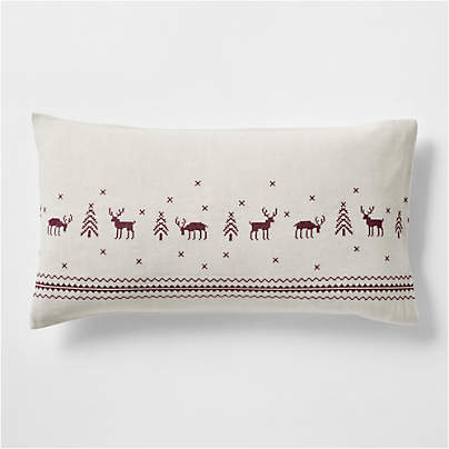 Holiday Reindeer Embroidered Cotton Linen Cross Stitch Natural King Bed Pillow Sham