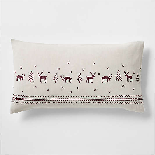 Holiday Reindeer Embroidered Cotton Linen Cross Stitch Natural King Bed Pillow Sham