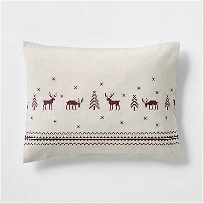 Holiday Reindeer Embroidered Cotton Linen Cross Stitch Natural Standard Bed Pillow Sham