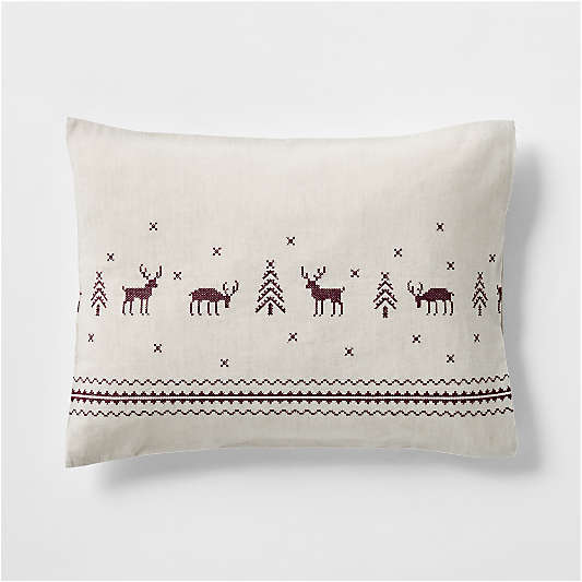 Holiday Reindeer Embroidered Cotton Linen Cross Stitch Natural King Bed Pillow Sham