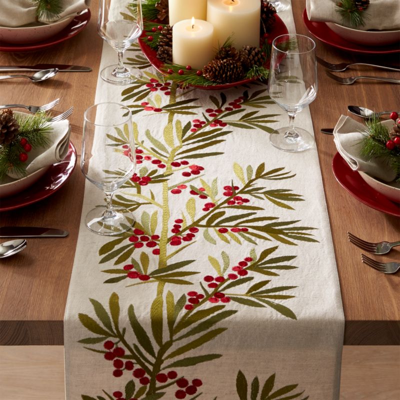 Holly Embroidered Christmas Table Runner 90 Reviews Crate Barrel