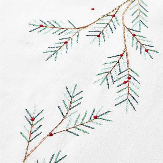 Embroidered Holly Sprig White Linen Holiday Table Runners