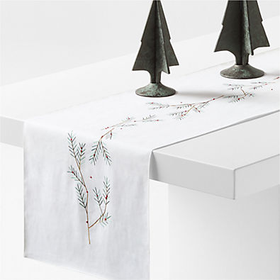 View Embroidered Holly Sprig 90" White Linen Holiday Table Runner details