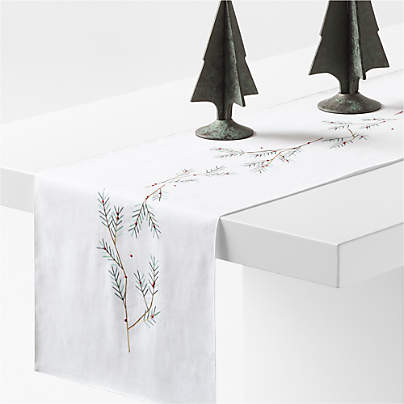 Embroidered Holly Sprig 90" White Linen Holiday Table Runner