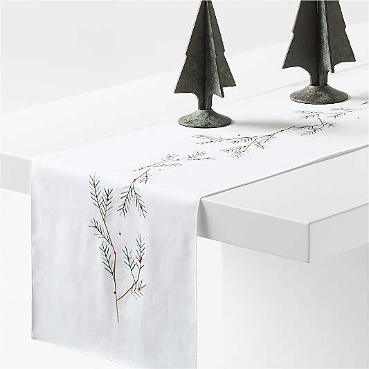 Embroidered Holly Sprig White Linen Holiday Table Runners