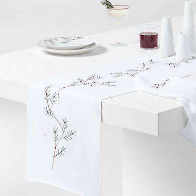 View Embroidered Holly Sprig 120" White Linen Holiday Table Runner details