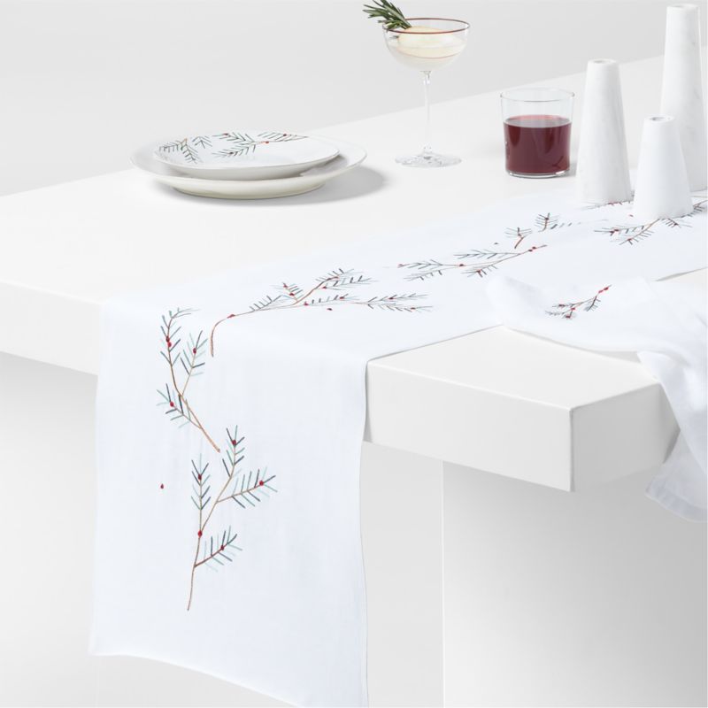 Embroidered Holly Sprig 90 White Linen Christmas Table Runner