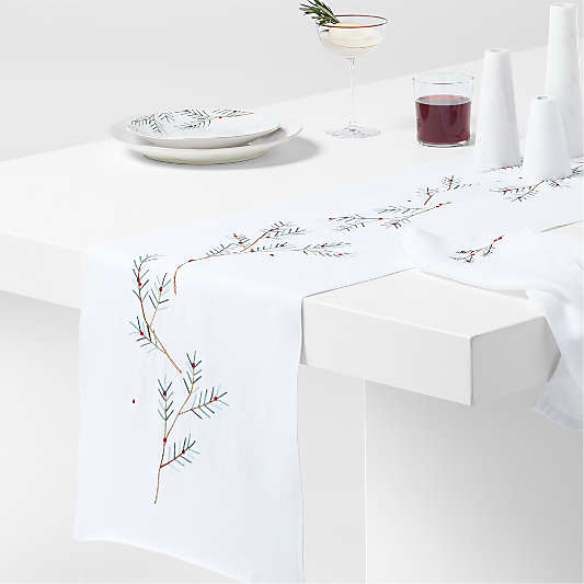 Embroidered Holly Sprig 90" White Linen Holiday Table Runner