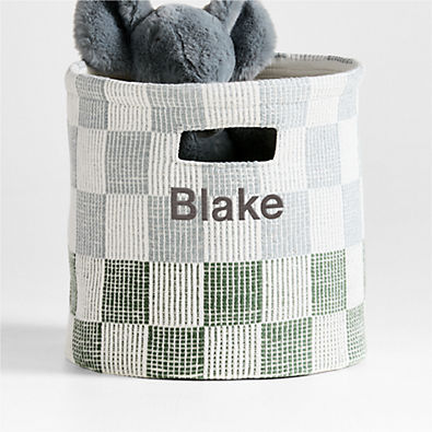 View Hopscotch Mist Blue and Pine Green Checkerboard Shelf Storage Bin details