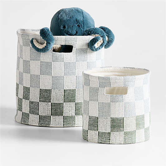 Hopscotch Mist Blue and Pine Green Checkerboard Large Floor Storage Bin