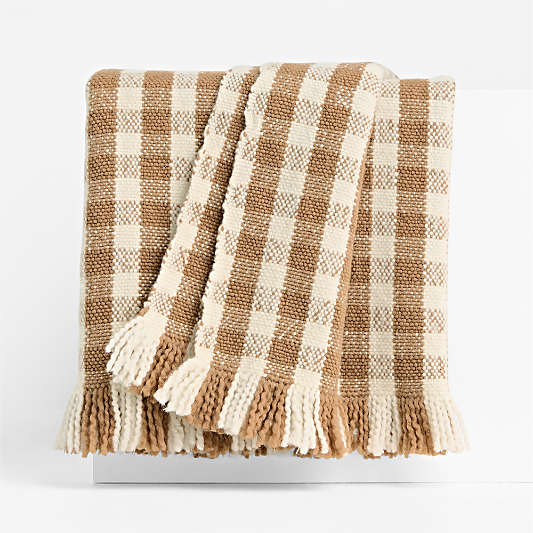 Heirloom 70"x55" Merino Wool Checkered Camel Tan Throw Blanket