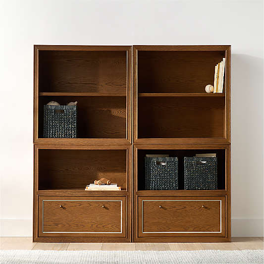 Hawes 64" Set of 2 Modular Hazlenut Oak Wood Kids Open Bookcases with Drawers by Jake Arnold