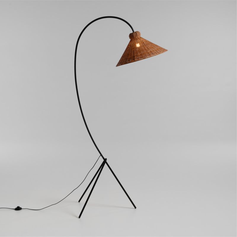 L'Union Black Metal Arc Floor Lamp with Rattan Shade by Athena Calderone