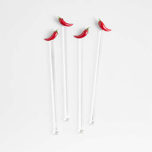 Chili Pepper Icon Glass Drink Stirrers, Set of 4