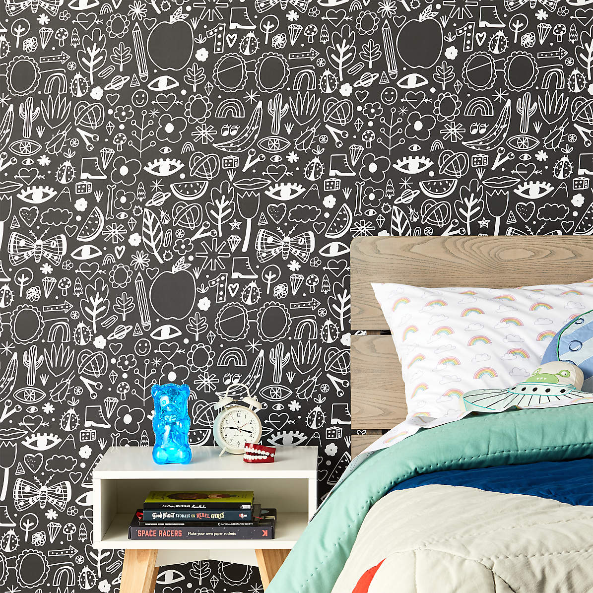 Chasing Paper White and Black Icons Removable Kids Wallpaper 2x4  Crate   Kids
