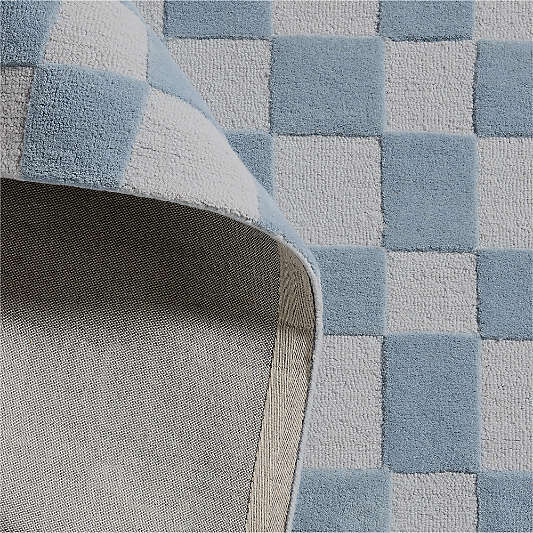 Imperfect Checkerboard Sky Blue Wool Kids Area Rug 6'x9'