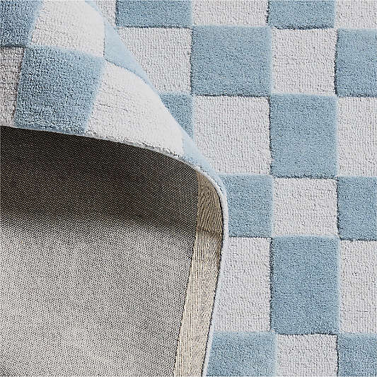 Imperfect Checkerboard Sky Blue Wool Kids Area Rug