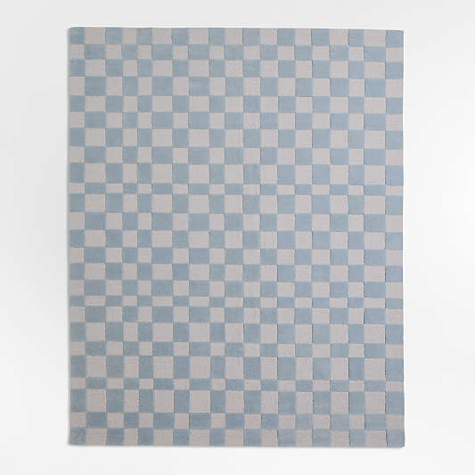 Imperfect Checkerboard Sky Blue Wool Kids Area Rug 6'x9'