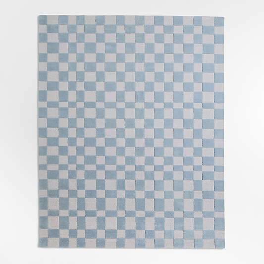 Imperfect Checkerboard Sky Blue Wool Kids Area Rug 6'x9'