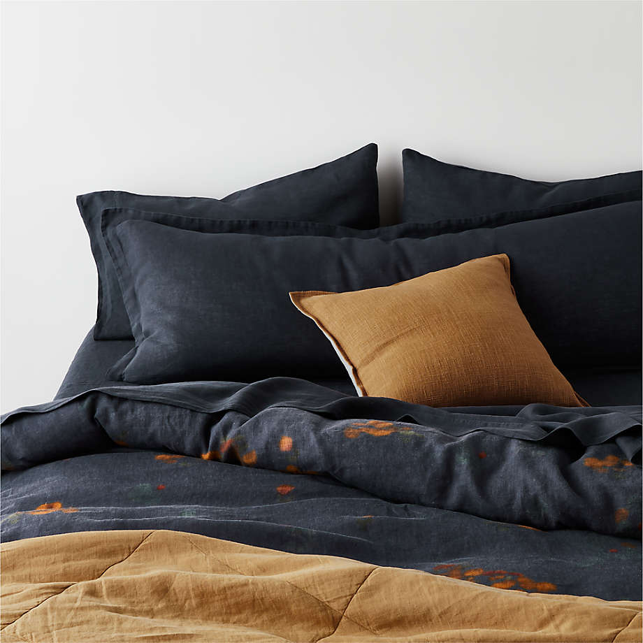 EUROPEAN FLAX ™-Certified Linen Impressionist Floral Midnight Navy Blue Duvet Cover (Open Larger View)