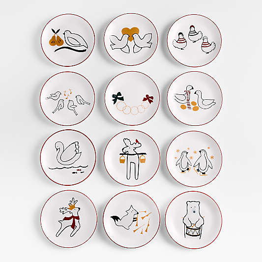 Joan Anderson 12 Days of Christmas Appetizer Plates with Stand, Set of 12