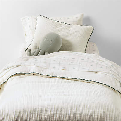 Beckett Pampas Ivory Supersoft Luxe Embroidered Beachglass Green Edge Organic Cotton Kids Twin Duvet By Jake Arnold
