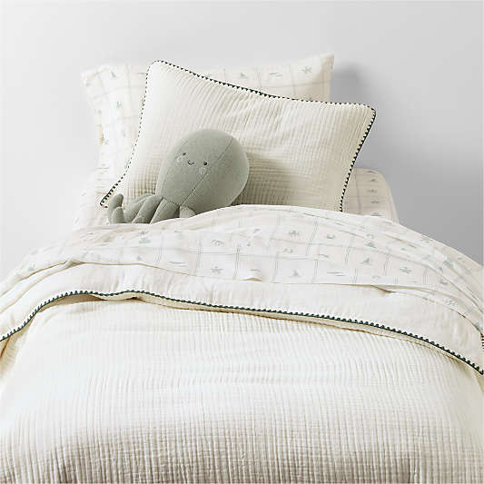Beckett Pampas Ivory Supersoft Luxe Embroidered Beachglass Green Edge Organic Cotton Kids Twin Duvet By Jake Arnold