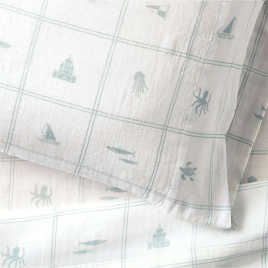 Crewe Blue Coastline Supersoft 100% Organic Cotton Kids Full Sheet Set by Jake Arnold