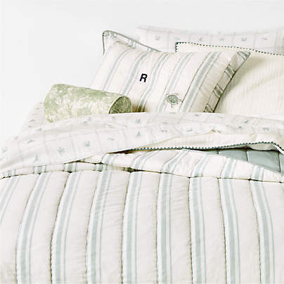 Edward Blue Sea Turtle Ticking Stripe Organic Cotton Kids Twin Quilt by Jake Arnold