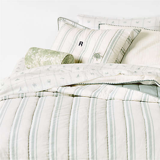 Edward Blue Sea Turtle Ticking Stripe 100% Organic Cotton Kids Full/Queen Quilt by Jake Arnold