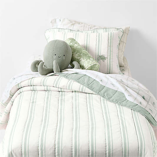 Edward Blue Sea Turtle Ticking Stripe Organic Cotton Kids Twin Quilt by Jake Arnold