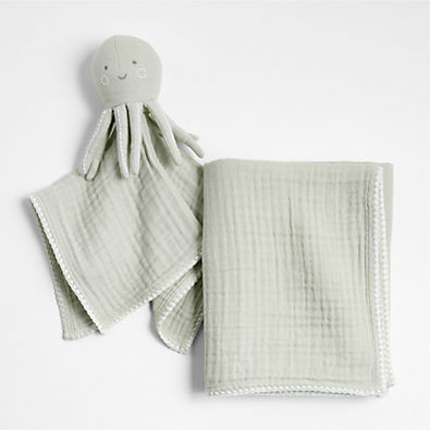 View Sunny Green Octopus Lovey + Baby Stroller Blanket Set by Jake Arnold details