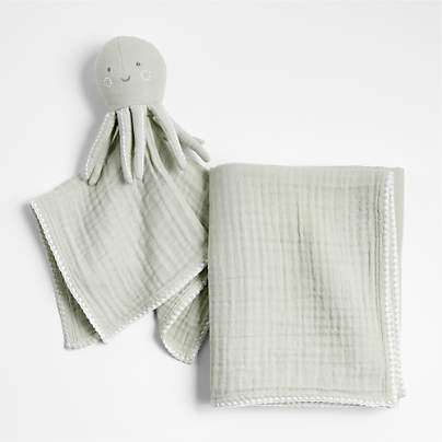 Sunny Green Octopus Lovey + Baby Stroller Blanket Set by Jake Arnold