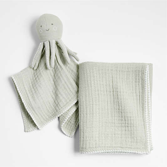 Sunny Green Octopus Lovey + Baby Stroller Blanket Set by Jake Arnold