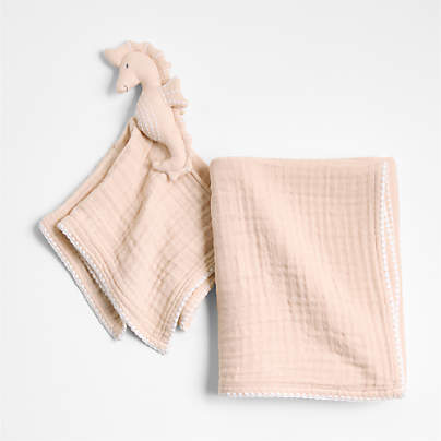 Selene Pink Seahorse Lovey + Baby Stroller Blanket Set by Jake Arnold