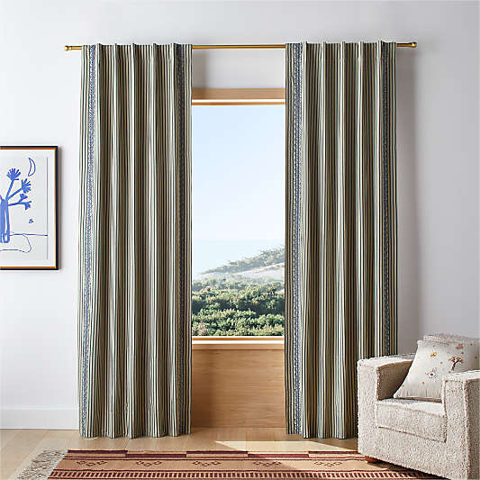Charles Street Shade Green Embroidered Yarn-Dyed Organic Cotton Blackout Window Curtain Panel by Jeremiah Brent